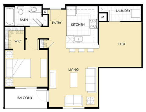 Floor plan for 1 bed, 1 bath